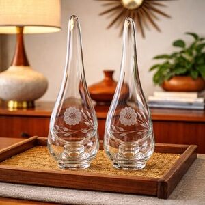 Vintage Viking Glass Epic Taperglow Swung Candlesticks Cornflower Cut MCM